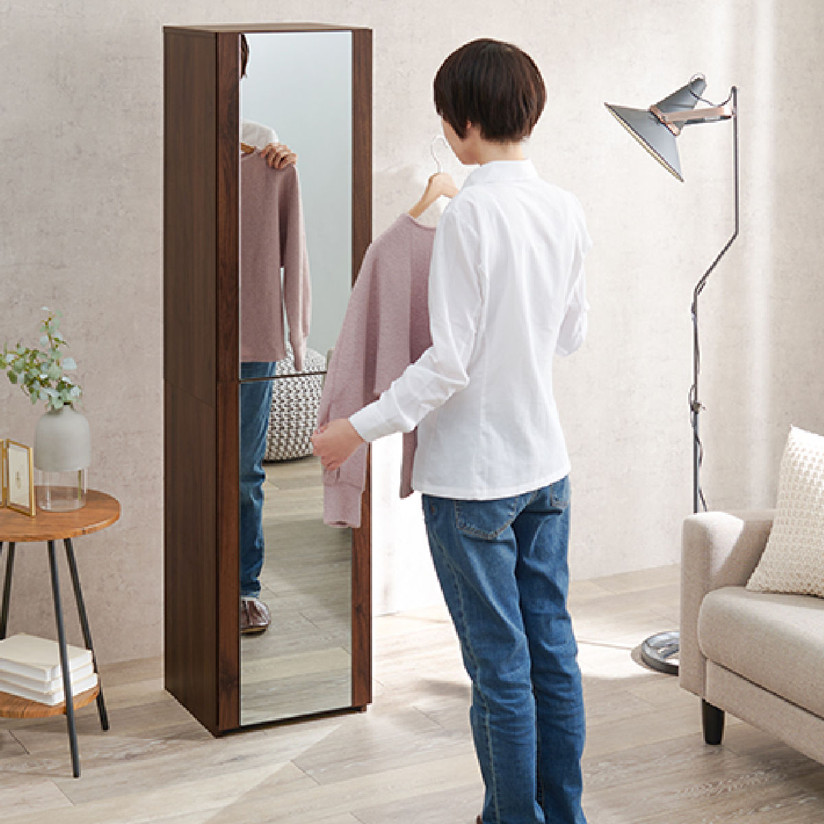 ドレッサー コンパクト 姿見ミラー スツール付き 大容量収納 高さ160cm